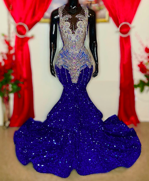 Crystals Tassels Royal Blue Sequin Prom Dresses Luxury Gowns Elegant Evening Dress For Wedding Party Mermaid Black Girls Robe