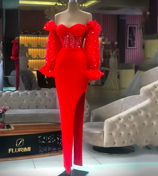 Red Satin Mermaid Evening Dresses Long Puff Sleeve Prom Party Gowns Sexy Side Split Sweetheart Ankle Length فساتين السهرة