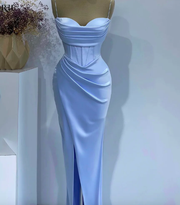 Sky Blue Formal Evening Dresses Spaghetti Straps Dubai Draped Dubai Celebrity Party Gowns Arabia Side Slit Prom Dress 2024