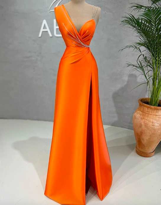 Orange Evening Dresses Irregular Neckline Side Split Mermaid Dubai Prom Dress Ruched Arabia Party Gowns Robe De Soirée