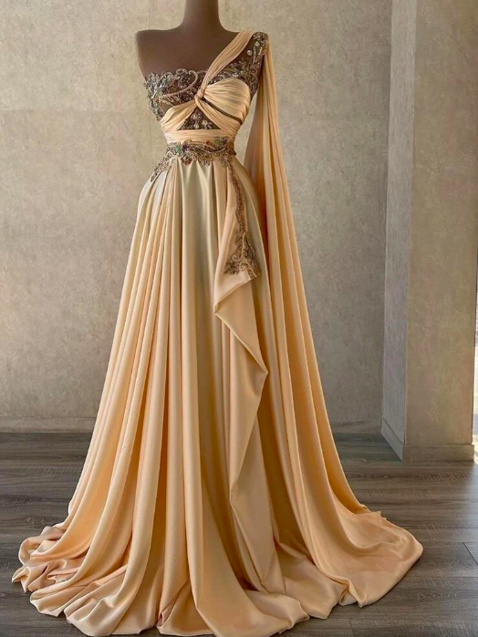 Champagne Evening Dresses Beadings One Shoulder Straps A-line Ruched Prom Dress Pleated Saudi Arabia Celebrity Party Gowns