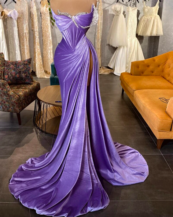 Purple Mermaid Evening Dresses Side Slit Off Shoulder Beaded Pleated Formal Prom Dress Saudi Arabia Bride Party Gowns 2024
