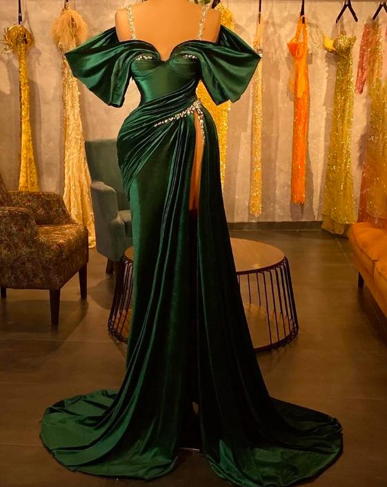 Green Mermaid Formal Evening Dresses Shiny Satin Off Shoulder Pleated Side Slit Prom Dress Arabia Dubai Bride Party Gowns
