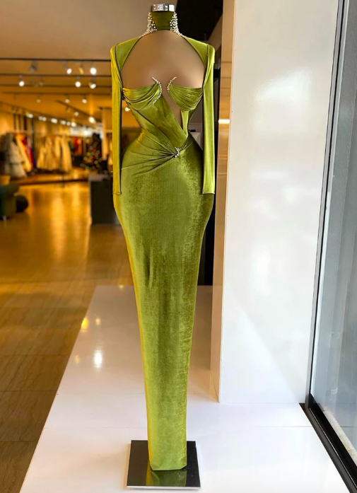 Light Green Evening Dresses Mermaid Pearls High Neck Cap Sleeves Pleated Formal Prom Dress Dubai Arabia Celebrity Gowns