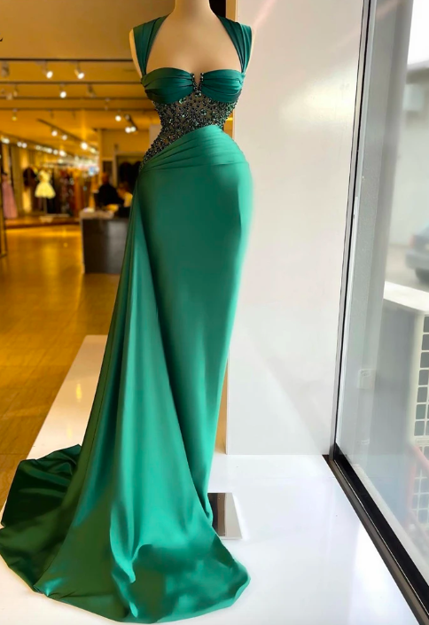 Pleats Green Evening Dresses Mermaid Ruched Beadings Sweetheart Formal Prom Dress Shiny Dubai Arabia Celebrity Party Gowns