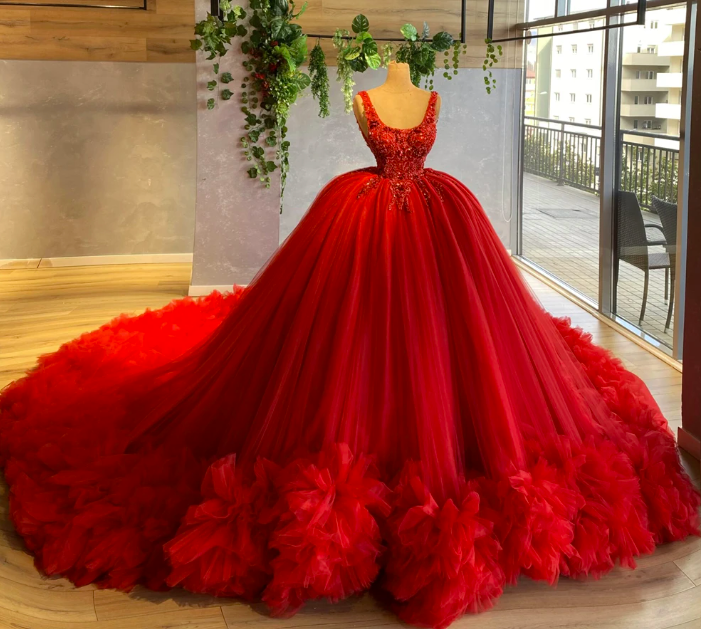 Burgundy Tulle Formal Prom Dresses Square Collar Glitter Ball Evening Dress Tiered Ruffles Backless Princess Party Gowns