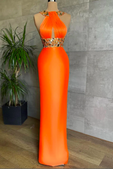 Elegant Orange Evening Dresses Halter Glitter Sequins Pleated Dubai Satin Prom Dress Shiny Arabia Celebrity Party Gowns