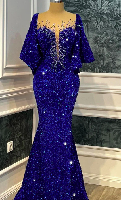 Royal Blue Glitter Mermaid Evening Dresses Cape Sleeves Sparkly Bodycon Prom Dress Shiny 2023 Bridal Celebrity Party Gowns