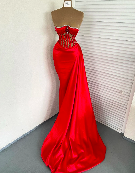 Elegant Red Mermaid Evening Dresses Off Shoulder Beaded Shiny Satin Crystals Prom Dress Arabia Saudi Bride Party Gowns