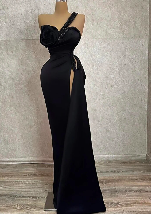 Elegant Black Mermaid Evening Dresses Pleated Flowers Dubai Beadings Side Slit Prom Dress One Shoulder Arabia Party Gowns