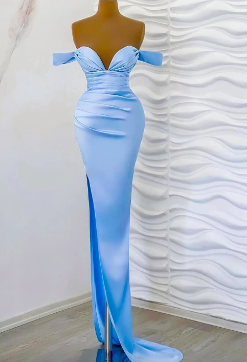 Sky Blue Mermaid Evening Dresses Pleated Off Shoulder Side Slit Prom Dress Shiny Satin Arabia Dubai Celebrity Party Gowns