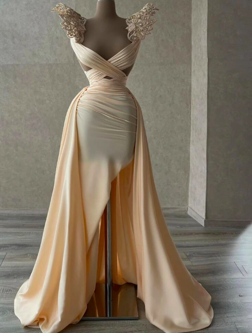 Champagne Luxury Mermaid Evening Dresses Side Slit Beaded Cap Sleeves Formal Prom Dress Arabia Dubai Pleated Party Gowns