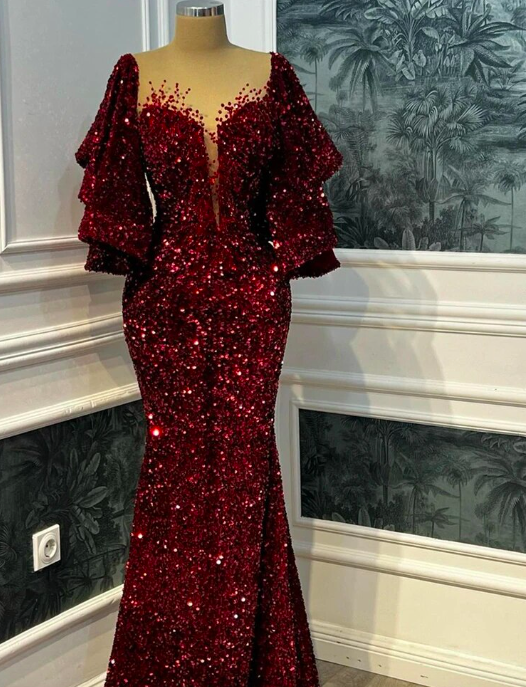 Dark Red Glitter Mermaid Evening Dresses Deep V-neck Puff Sleeves Sparkly Prom Dress Shiny Bodycon Celebrity Party Gowns