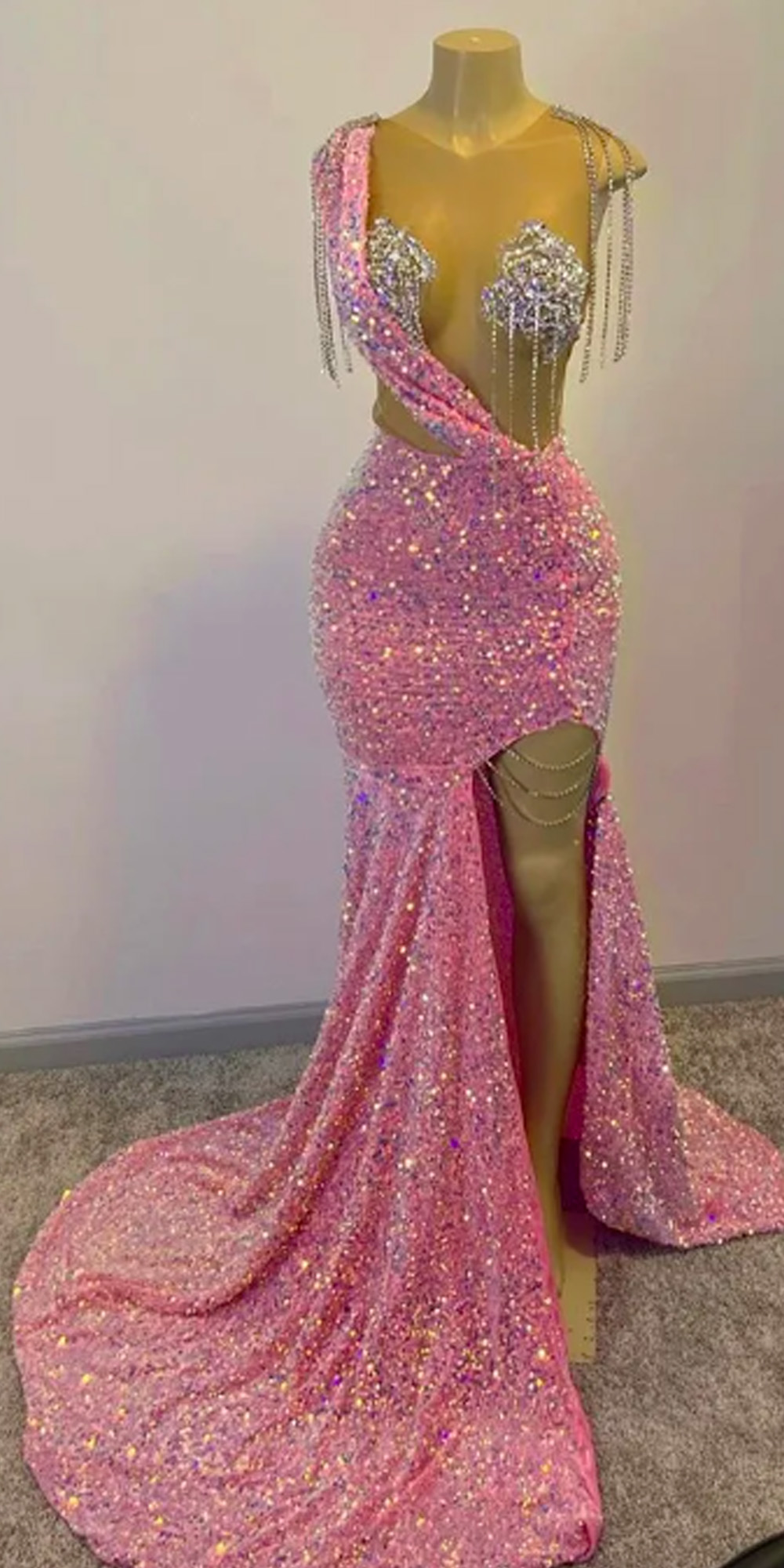 strapless open back dress LTP1700, Sparkle Pink A-Line Prom Dresses, Spaghetti Straps V-Neck Eve   Laylatailor Shop