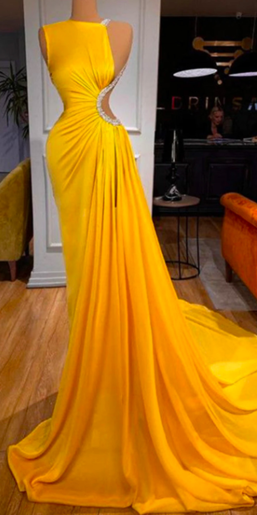 Yellow Sexy Prom Dress Party Formal Wear Gowns Long Sweep Train 