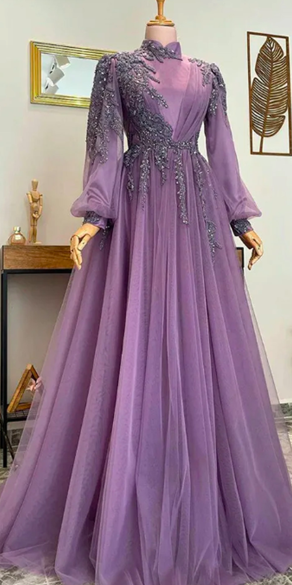 Purple Muslim Evening Dresses Long Luxury 2024 Beading Lace A-line Tulle Prom Gown For Women Party Wear Formal Vestidos De Noche