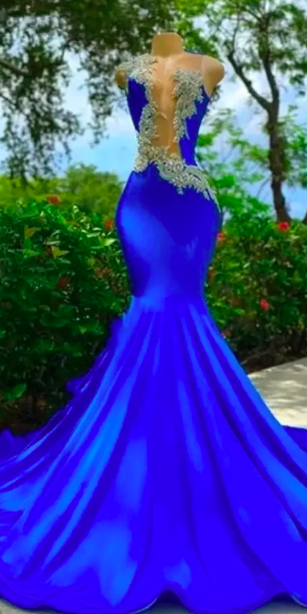 Royal Blue Sheer Crew Neck Long Mermaid Prom Dresses Black Girls 2023 Appliques Birthday Party Backless Evening Gowns Robe De Bal
