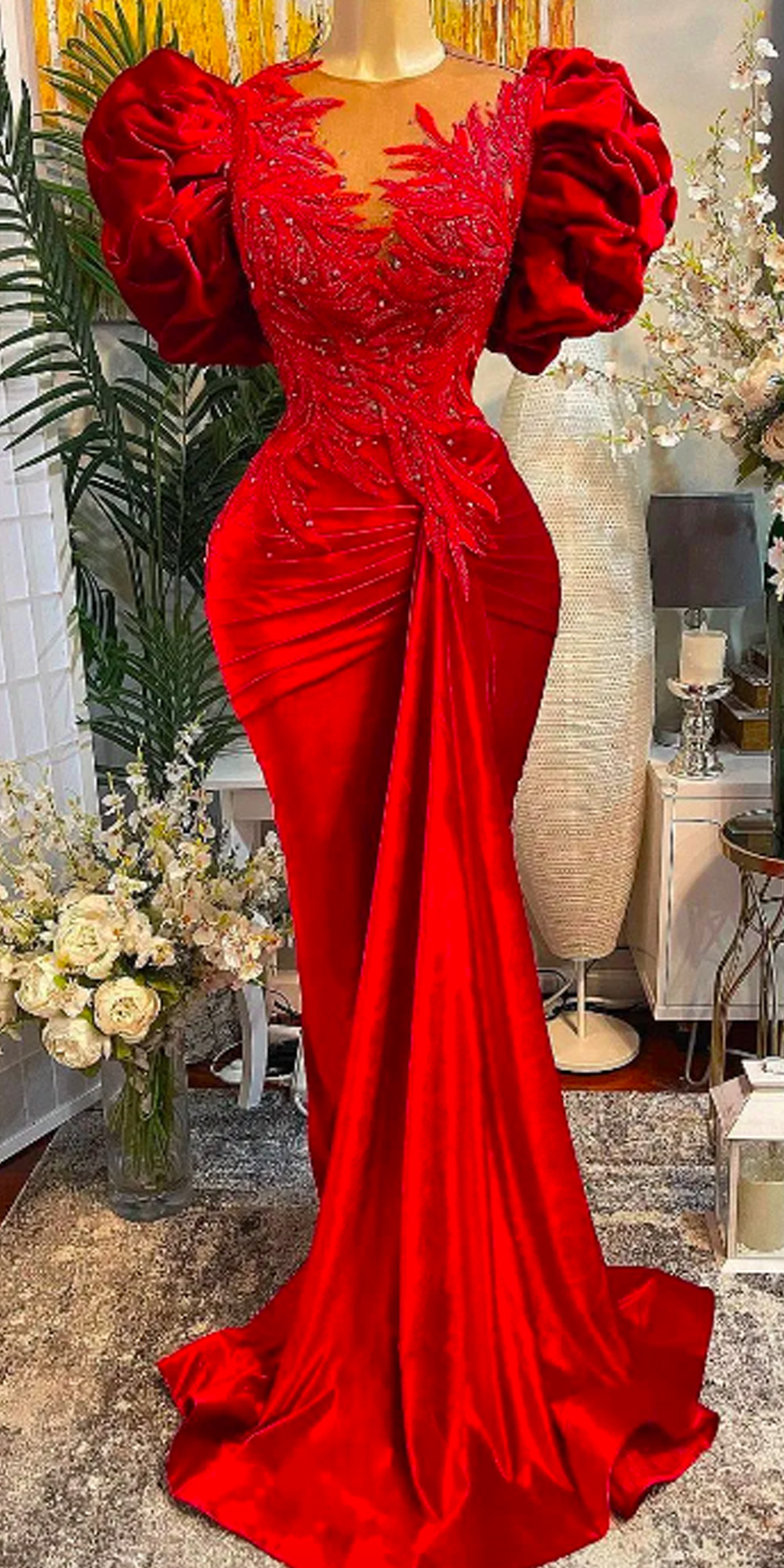 2024 Plus Size Arabic Aso Ebi Red Mermaid Lace Prom Dresses Beaded Sheer Neck Velvet Evening Formal Party Second Reception Gowns Dress