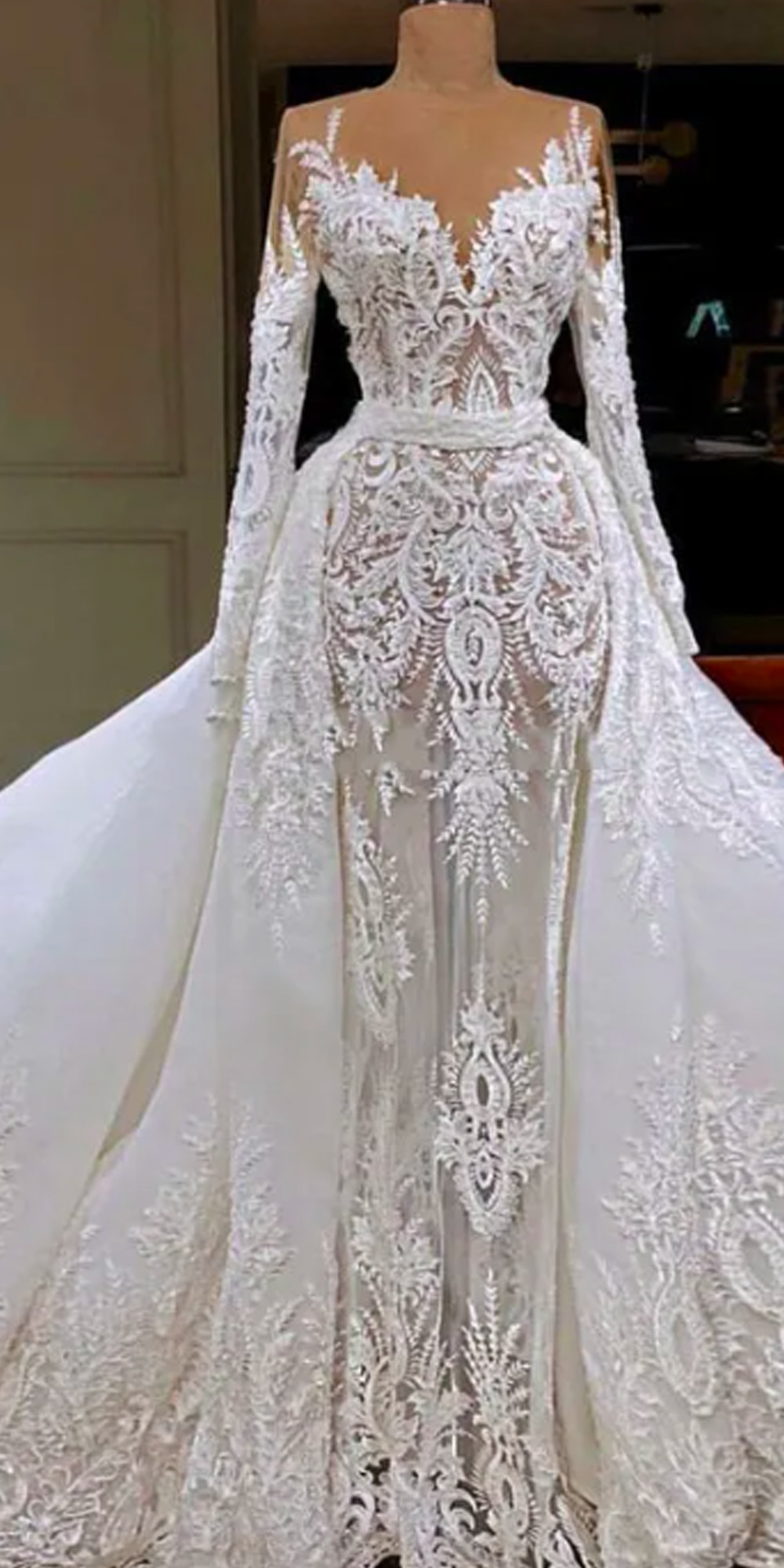 Luxury Mermaid Wedding Dresses With Detachable Train Long Sleeve Lace Appliques Vestido De Novia Arabic Dubai Middle East Bridal Gowns