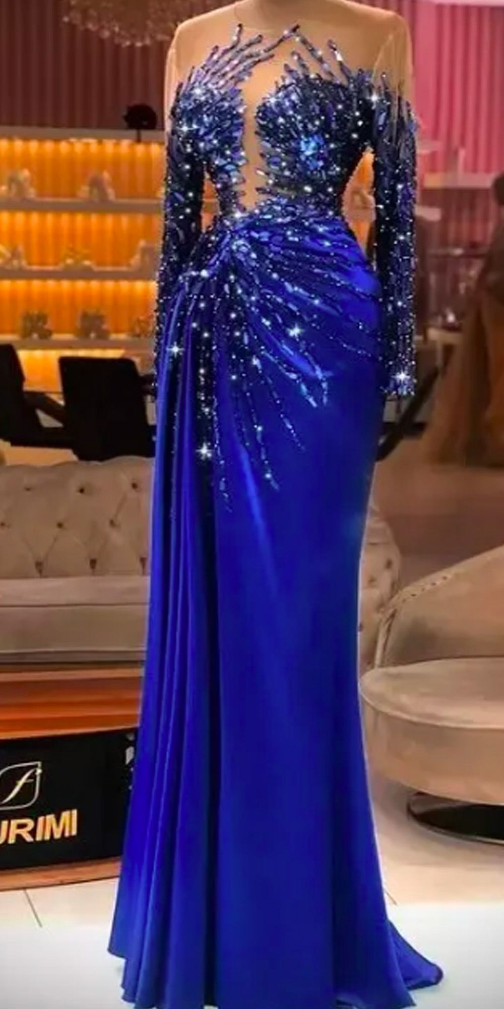 2024 Plus Size Arabic Aso Ebi Royal Blue Luxurious Prom Dresses Beaded Crystals Sheer Neck Evening Formal Party Second Reception Gowns Dress