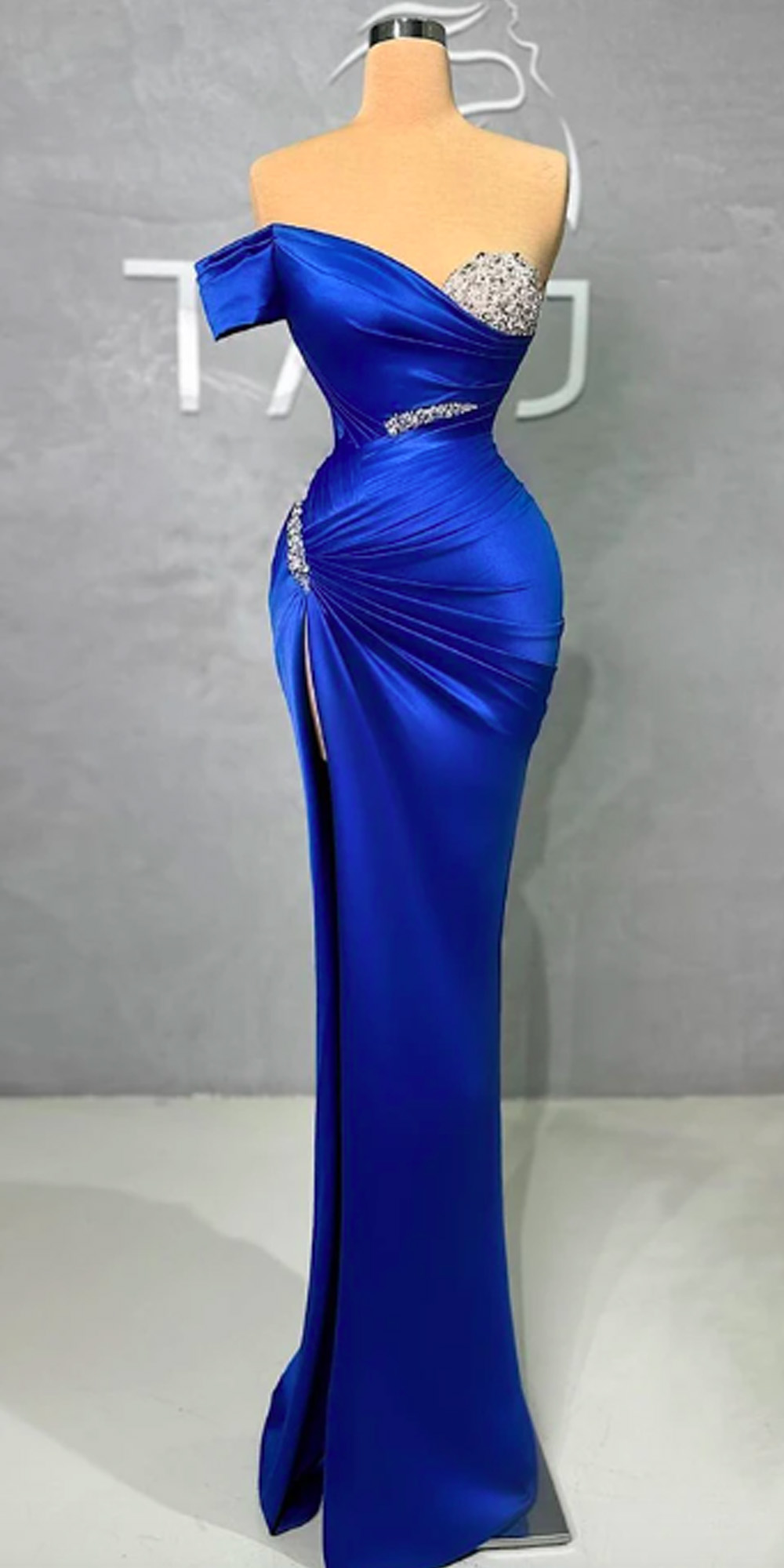 Elegant Blue Mermaid Evening Dresses Glitter Pleats Off Shoulder Bodycon Prom Dress Sequins Elastic Bridal Party Gowns