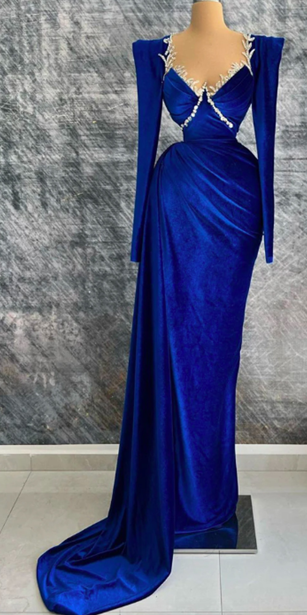 Ocean Blue Formal Evening Dresses Cap Sleeves Beaded V-neck Pleated Prom Dress Africa Arabia Bride Celebrity Party Gowns