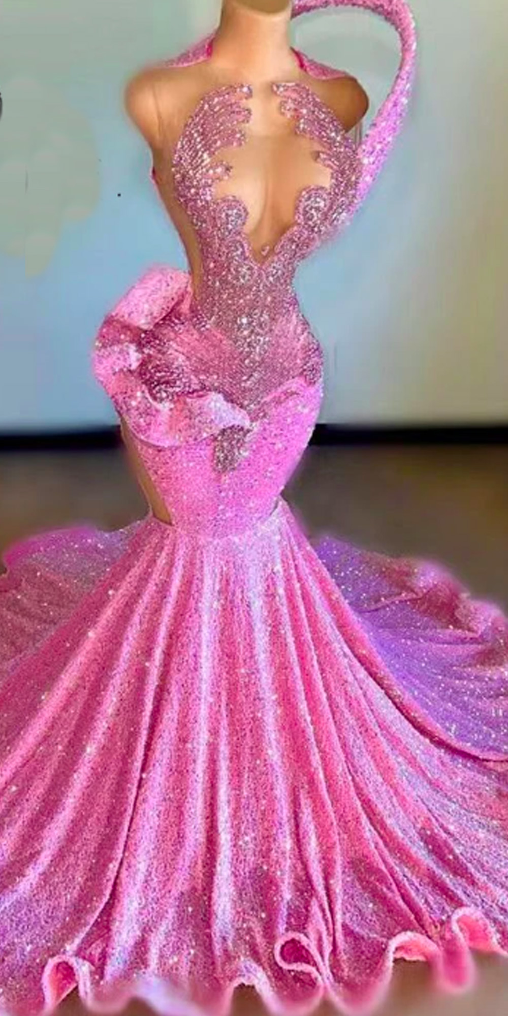 Pink Sheer O Neck Evening Gowns For Black Girls 2023 Sparkly Sequined Birthday Party Dresses Beaded Crystal Long Prom Dress