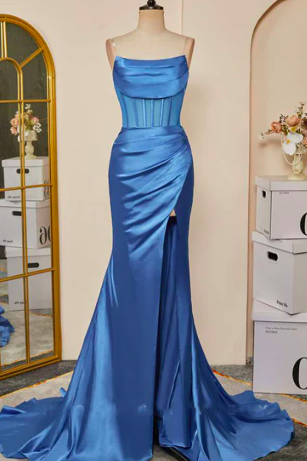 Sexy Satin Trumpet Bateau Strapless Empire Pleats With Side Slit Train Party Prom Evening Dress