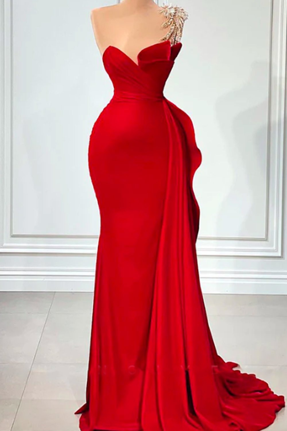 Sexy Satin Trumpet One Shoulder Empire Beaded Ruched Ruffles With Train Party Prom Evening Dress