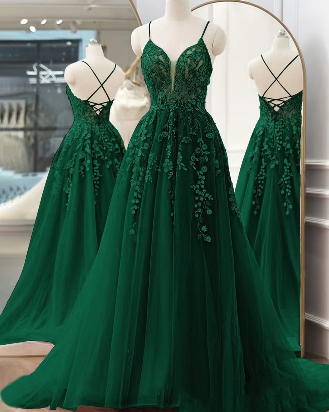 Green Lace Appliques Prom Dresses Long For Women 2024 Spaghetti Straps A Line Tulle Formal Evening Gowns