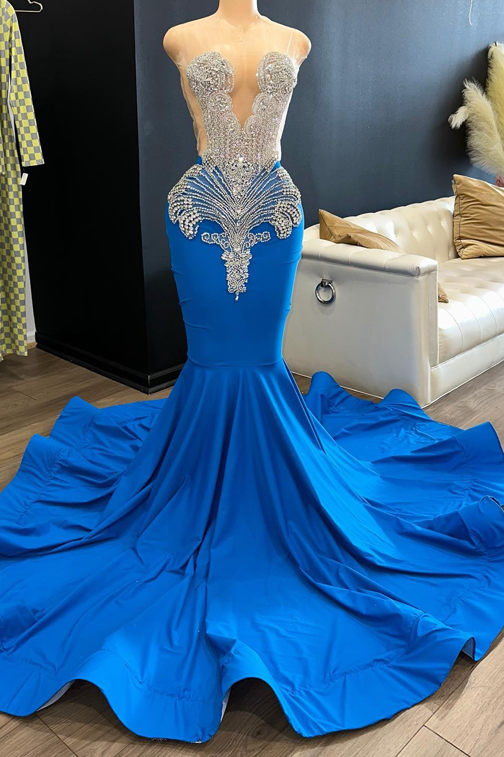 Blue satin beads long prom dress mermaid evening dress,DS3858