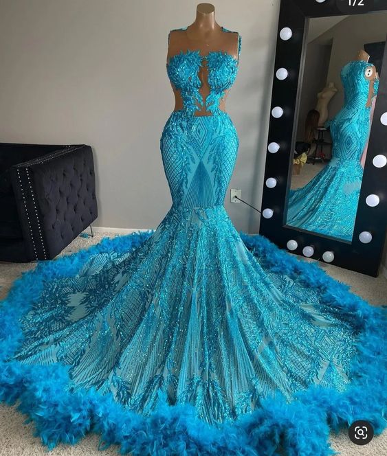 Blue Lace Feather Prom Dresses Long 2024 Illusion Crew Neckline Glitter Sequins Court Train Evening Dresses Tight Formal Party Dresses