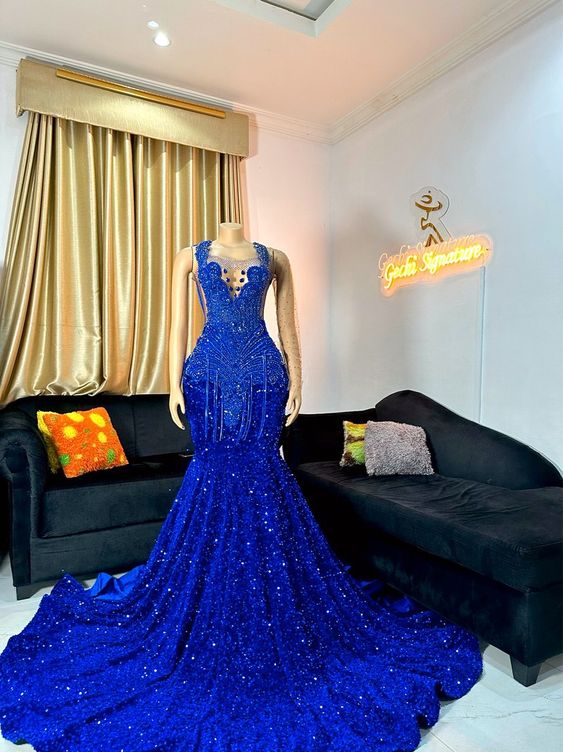 Glitter Royal Blue Sequins Prom Dresses Long 2024 Crystal Beading Mermaid Formal Evening Party Dress on Luulla