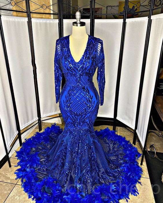Glitter Lace Sequins Feather Prom Dresses Deep V Neck Long Sleeve Sparkly Evening Party Dresses Gowns Glitter Evening Gowns