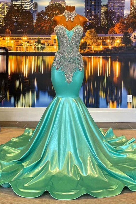 Mermaid High Neck Crystal Prom Dresses Long With Beading Sequins Satin Court Train Formal Evening Gowns Sparkly Women's Party Dresses