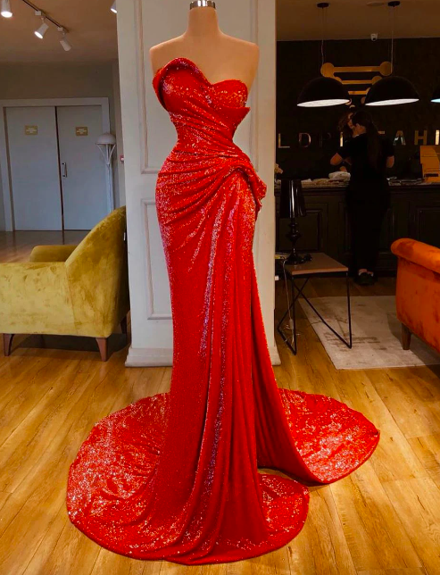 Sparkly Long Evening Dress 2024 Elegant Sweetheart Mermaid Dubai Style African Women Red Sequin Formal Gowns With Train