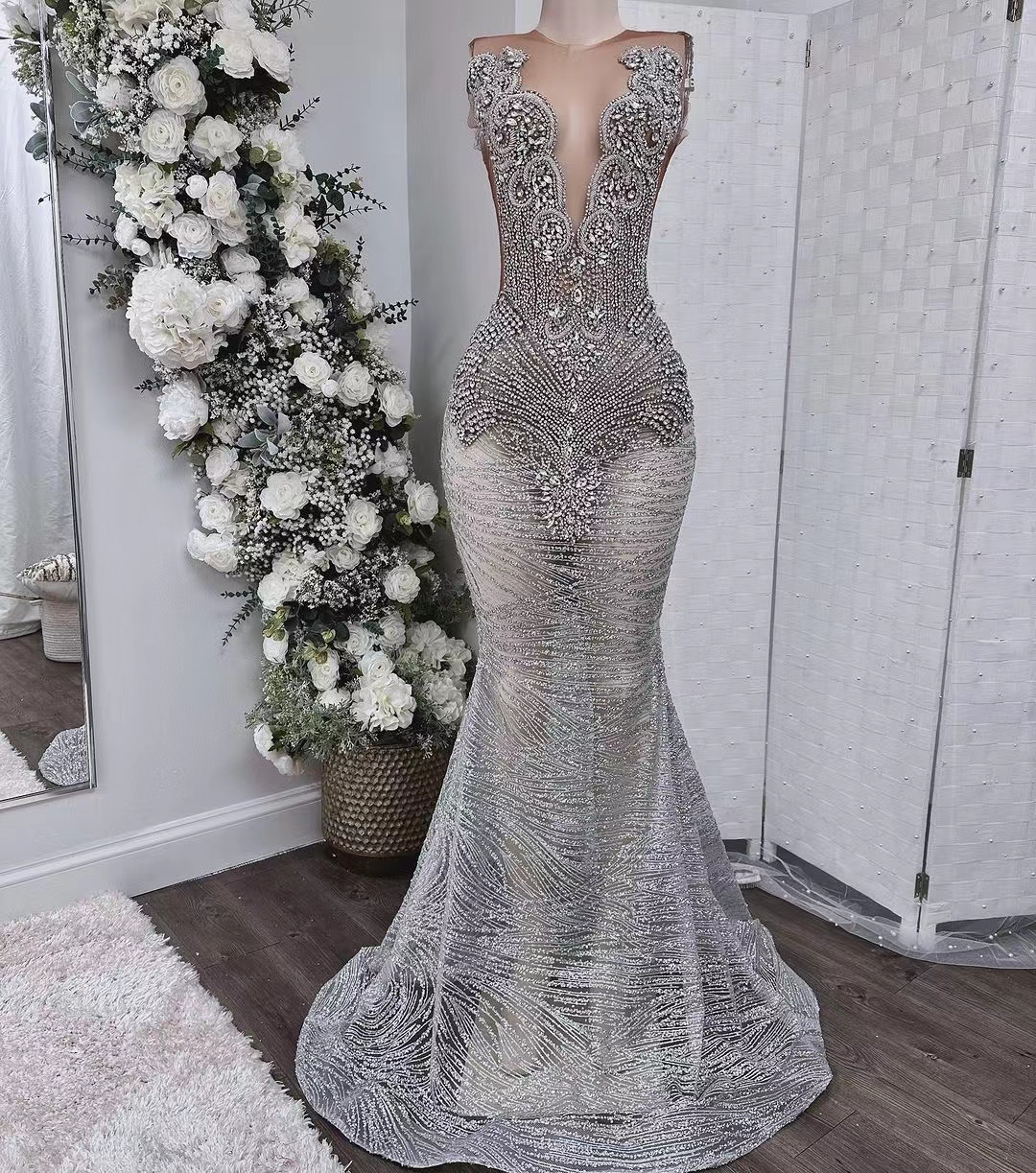 Sparkly Crystal Prom Dresses Long For Women 2024 Mermaid Illusion Deep V Neck Zipper Back Formal Evening Dresses Glitter Formal Party Dresses