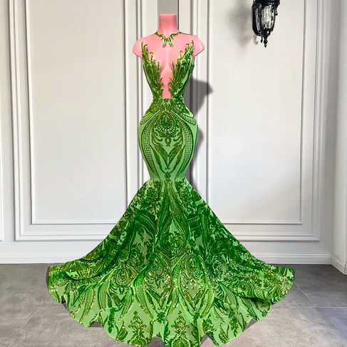Women's Green Lace Prom Dresses Long High Crew Neck Sparkly Sequins Mermaid Formal Evening Dresses Glitter Sequins Formal Party
