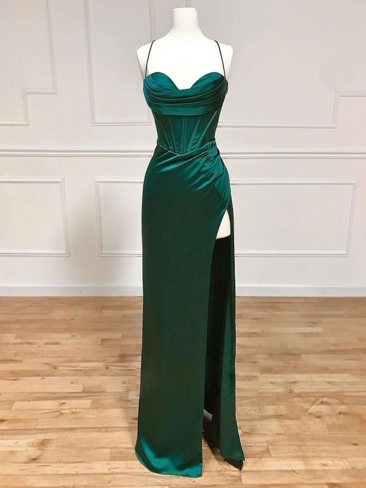 Satin Bridesmaid Dresses Long With Slit For Women 2024 Spaghetti Straps Pleated Lace Up Back Formal Evening Prom Gowns Green Maid Of Honor