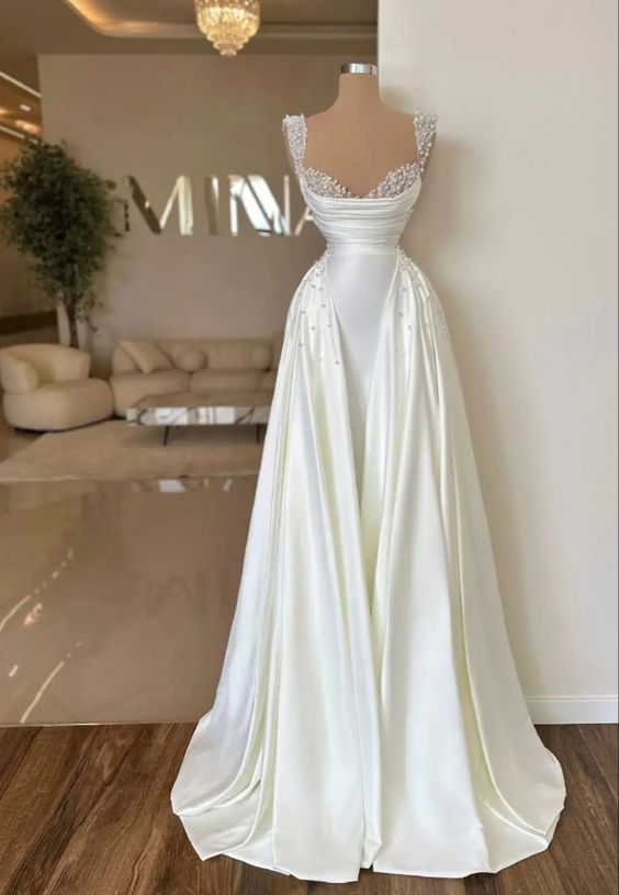 A Line Satin Wedding Dresses For Bride 2024 Sweetheart Neckine Pearls Wedding Gowns Satin Bridal Dresses Beaded