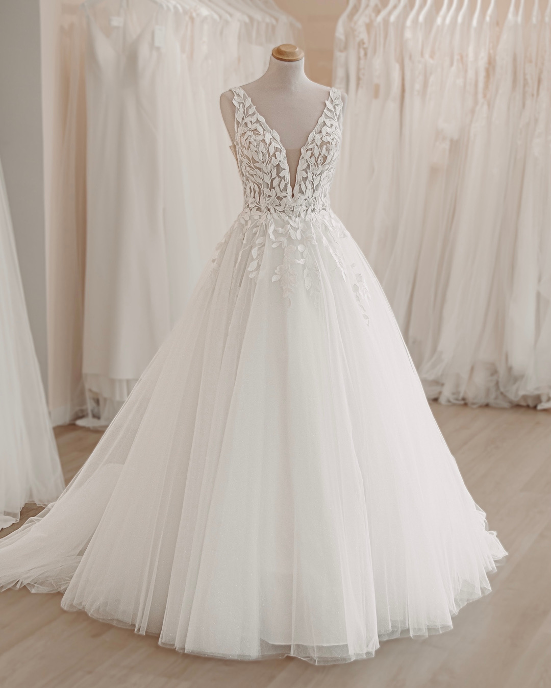 Lace Wedding Dresses, 2024 Wedding Dresses, Lace Appliques Wedding Dresses, Sheer Bodice Bridal Dresses, 2024 Deep V Neck Wedding Gowns, Tulle