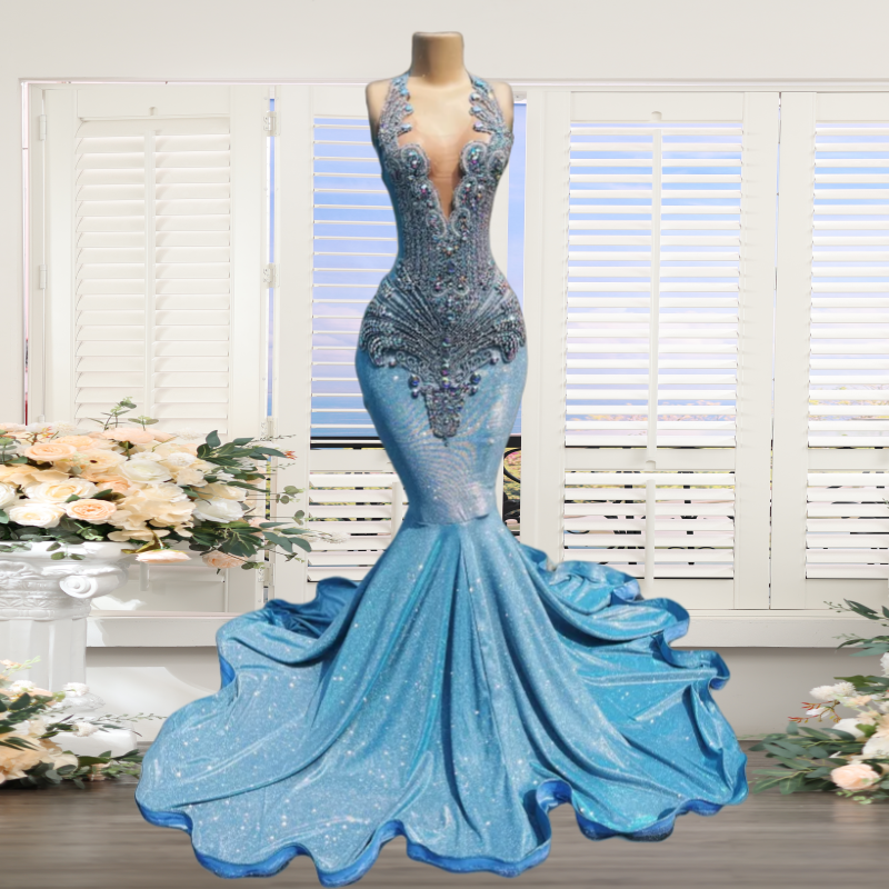 Blue Crystal Prom Dresses Long For Women 2025 Sheer Crew Neckline Mermaid Satin Evening Dresses Luxury Formal Evening Gowns