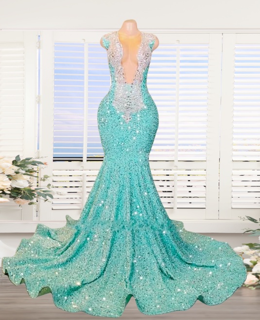 white christmas dresses V Neck Aqua Blue Stretch Satin Mermaid Prom Dresses Pic Color / US0