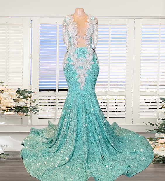 Aqua Blue Crystal Prom Dresses Long For Women 2025 Crew Neckline Lace Appliques Beading Sequins Formal Evening Gowns Tassel Sparkly Sequins