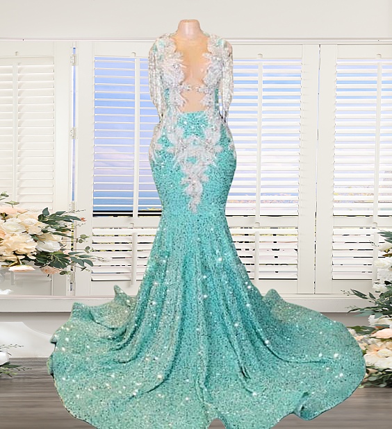 Customized(can Not Refund) Aqua Blue Crystal Prom Dresses Long For Women 2025 Crew Neckline Lace Appliques Beading Sequins Formal Evening Gowns
