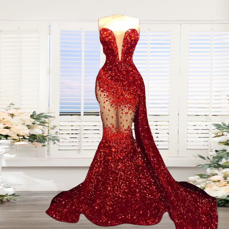 strapless open back dress Dark Red Sequins Quinceanera Dresses 2024, Lace Up Ball Gown Prom Gown –  formalgowns main image 0