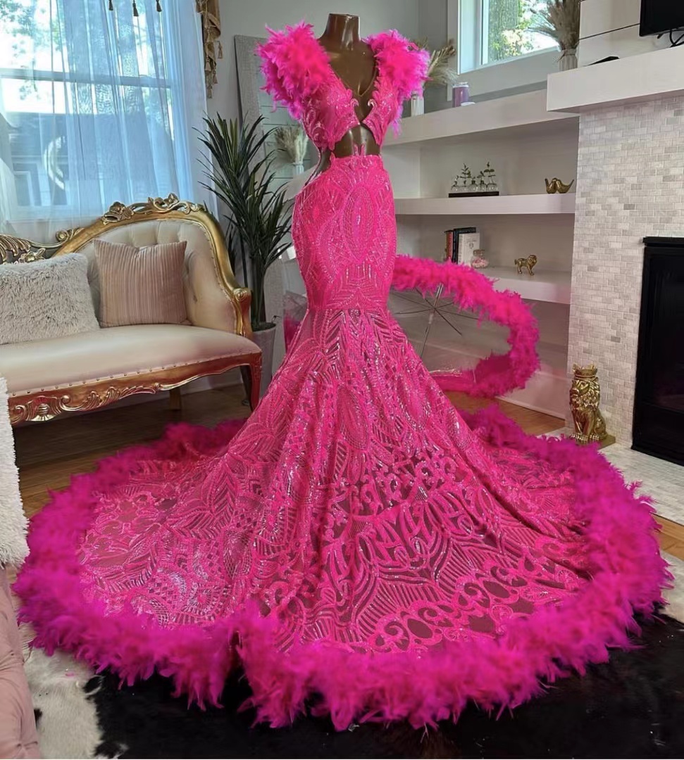 fitted lace wedding dress Feather Off The Shoulder Mermaid Prom Gown Sparkly Appliqued Prom Dress with High Slit ARD3072 main image 1
