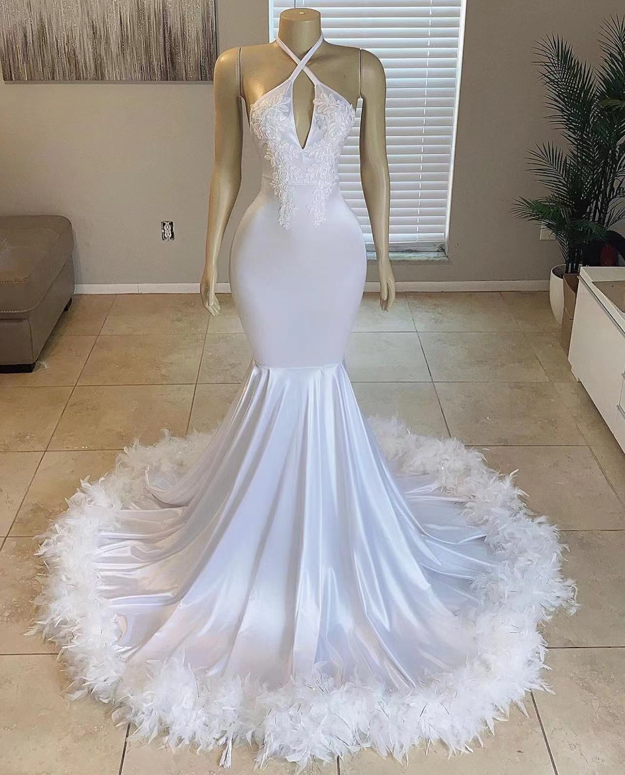 knee length dresses for ladies Nox Anabel C1106W Size 8 White Long Fitted Mermaid Feather Lace Wedding Gown Prom Dress Off The Shoulder main image 1