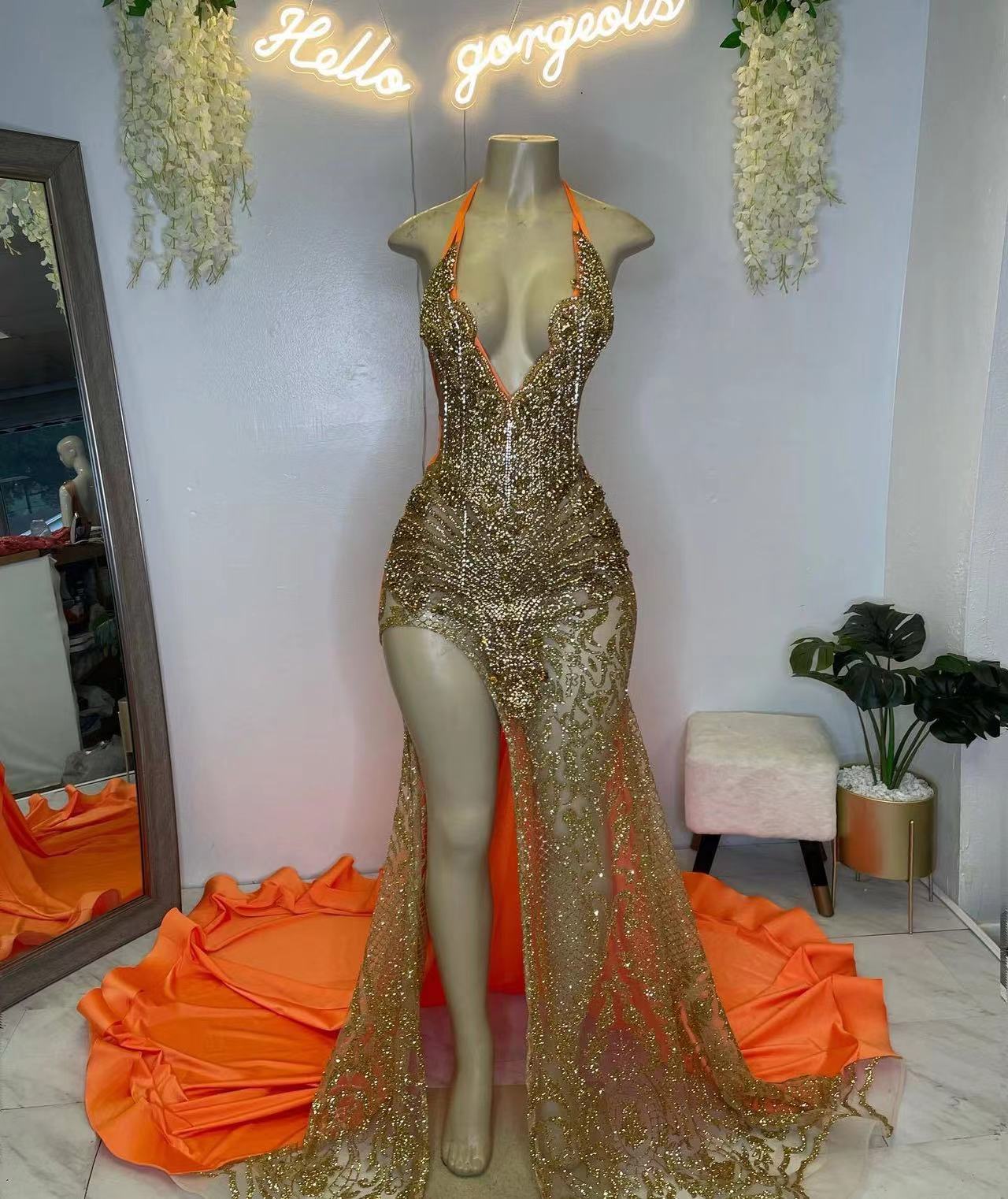 Customized(can Not Refund) Gold Crystal Prom Dresses Sparkly Beading Luxury Formal Evening Party Gowns Long For Women 2025 Glitter Sequins