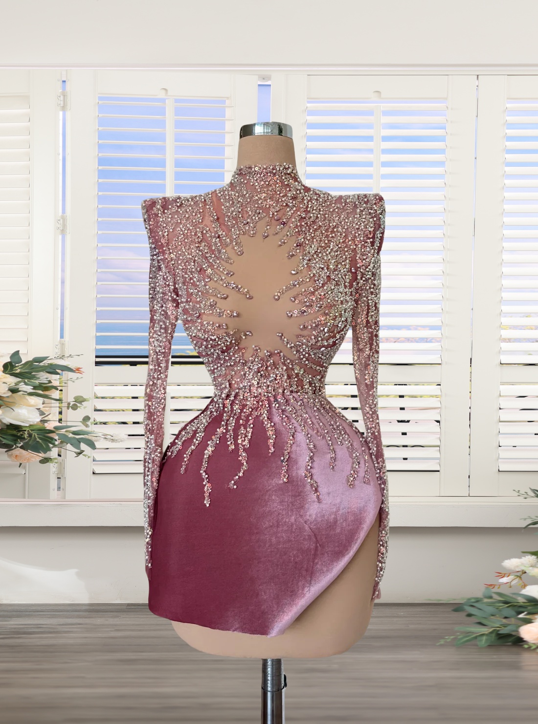 Customized(can Not Refund) Dusty Rose Short Graduation Dresses Beading Pearls Short Prom Dresses For Teens 14 16 High Neck Sheath Long Sleeve